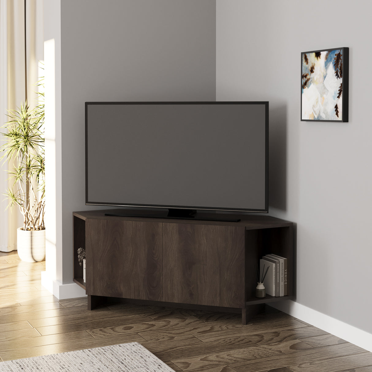 Bimossa B15 Ola Corner TV Unit for TVs up to 50 Inch, TV Stand with Storage Cabinet & Shelves, Space Saving Media Console for Living Room, Modern Corner Television Unit, 6 Colour Options