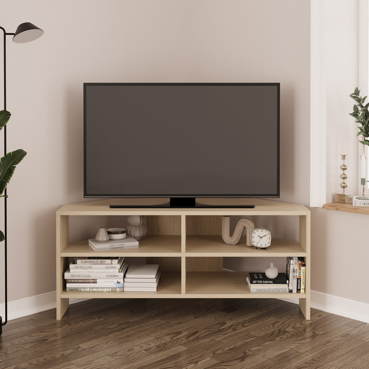 Bimossa B14 Roy Corner TV Unit for 43–48 Inch TVs, Modern Corner TV Stand Cabinet with Storage Shelves, Space Saving Media Console for Living Room, Compact Television Stand with 6 Colour Options