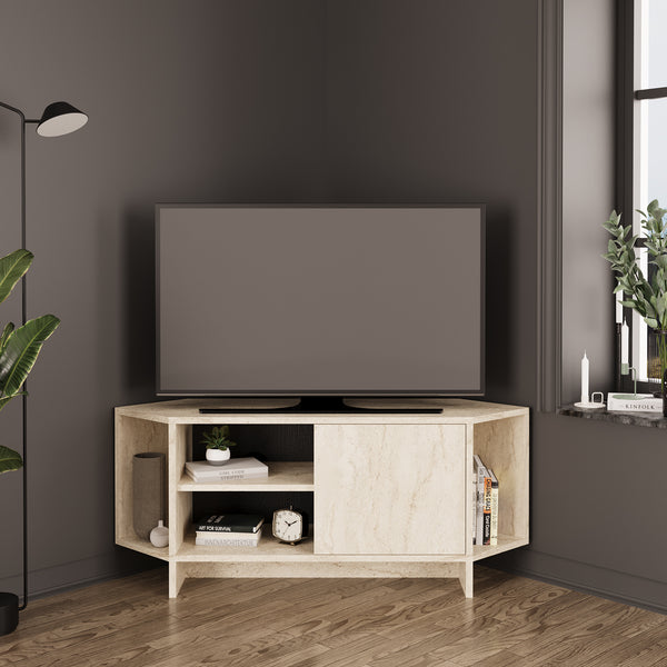 Bimossa B13 Teo Corner TV Stand – Space-Saving TV Unit for 43–48'' TVs, Compact Media Console with Open Shelves & Cabinet, Ready to Assemble, Available in 7 Colours