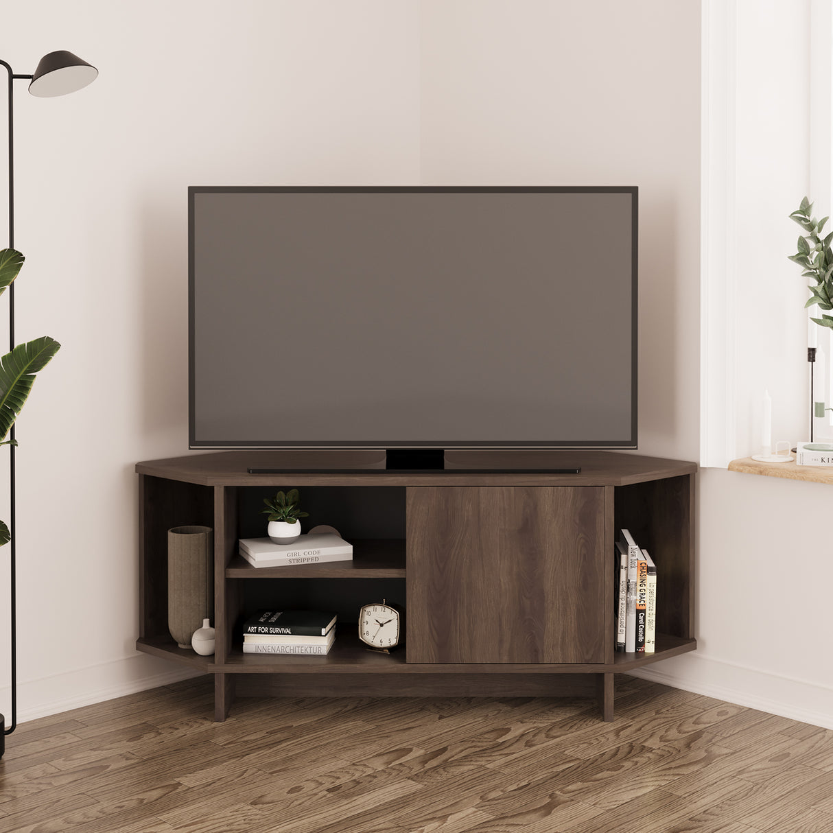 Bimossa B13 Teo Corner TV Stand – Space-Saving TV Unit for 43–48'' TVs, Compact Media Console with Open Shelves & Cabinet, Ready to Assemble, Available in 7 Colours