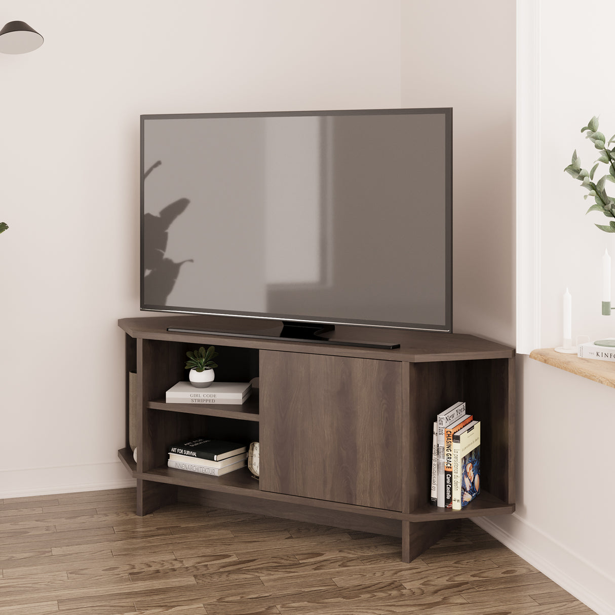 Bimossa B13 Teo Corner TV Stand – Space-Saving TV Unit for 43–48'' TVs, Compact Media Console with Open Shelves & Cabinet, Ready to Assemble, Available in 7 Colours