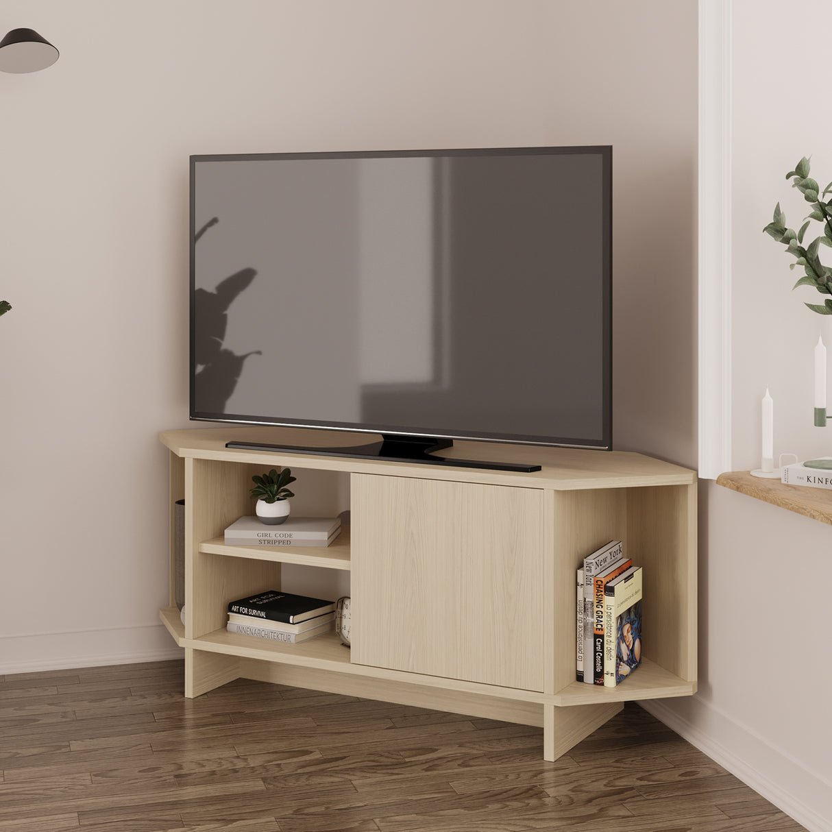 Bimossa B13 Teo Corner TV Stand – Space-Saving TV Unit for 43–48'' TVs, Compact Media Console with Open Shelves & Cabinet, Ready to Assemble, Available in 7 Colours