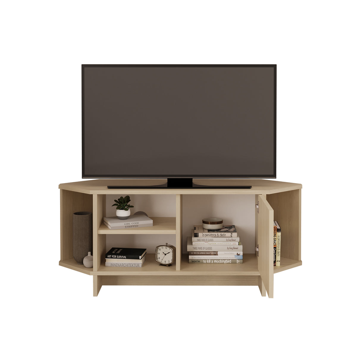 Bimossa B13 Teo Corner TV Stand – Space-Saving TV Unit for 43–48'' TVs, Compact Media Console with Open Shelves & Cabinet, Ready to Assemble, Available in 7 Colours