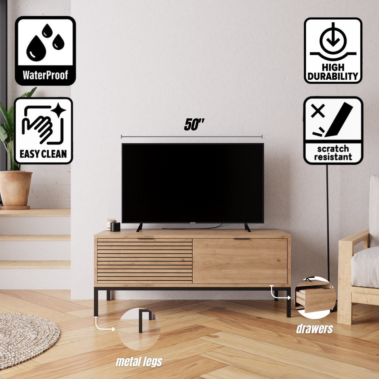 Bimossa B0060 Alya Oak Effect TV Unit 120 cm – Modern Wooden TV Unit with 2 Door Storage, Long TV Stand Cabinet for Living Room TVs up to 48"