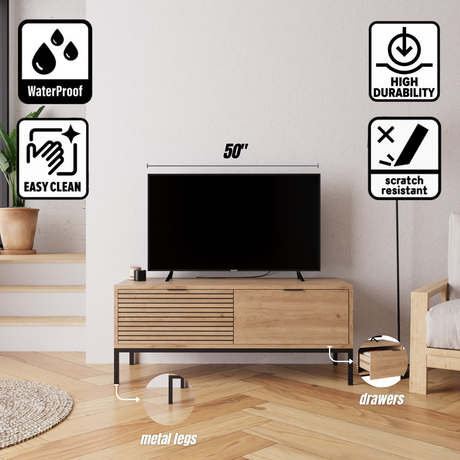 Bimossa B0060 Alya Oak Effect TV Unit 120 cm – Modern Wooden TV Unit with 2 Door Storage, Long TV Stand Cabinet for Living Room TVs up to 48"