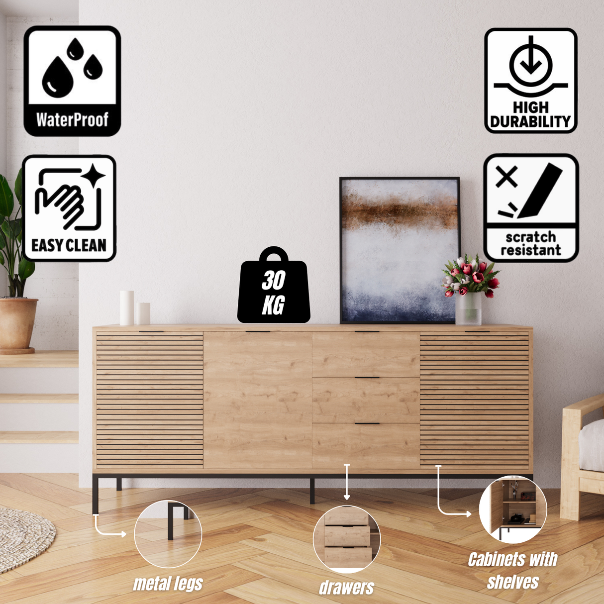 Bimossa H0060 Alya Fluted Sideboard Cabinet 180 cm – Modern Storage Sideboard with 3 Drawers & 3 Doors, Oak Effect Sideboard Cupboard with Black Metal Legs for Living Room, Dining Room or Hallway