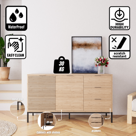 Bimossa H0660 Alya Fluted Sideboard Cabinet 140 cm – Modern Storage Sideboard with 3 Drawers & 2 Doors, Oak Effect Sideboard Cupboard with Black Metal Legs for Living Room, Dining Room or Hallway