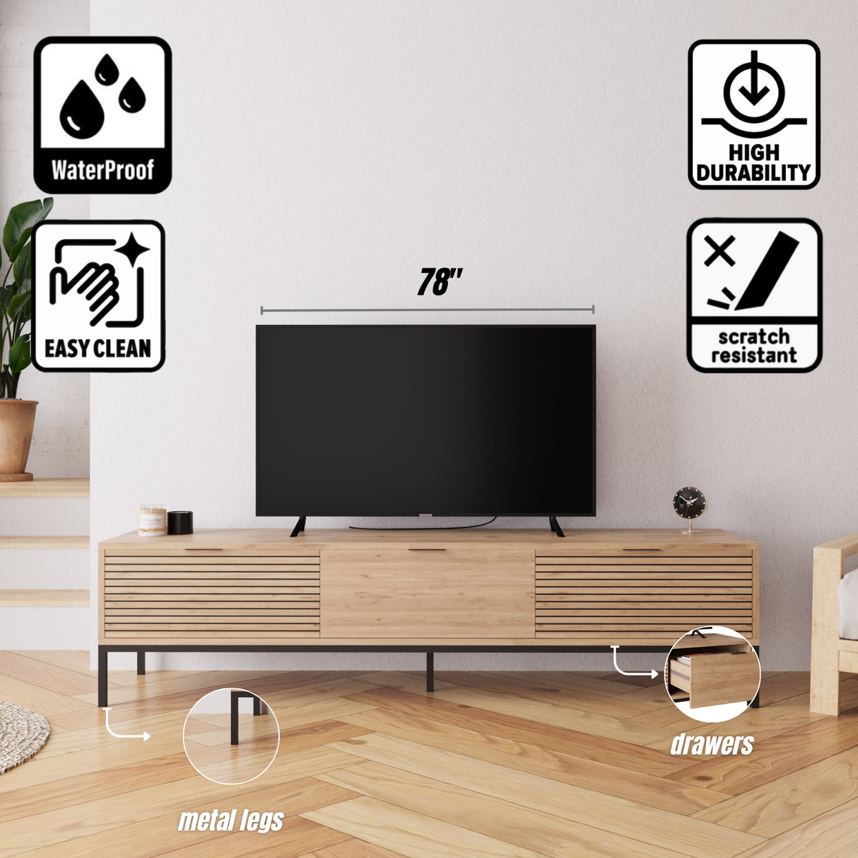 Bimossa E0060 Alya Oak Effect 180 cm TV Stand Modern Wooden TV Unit with 3 Door Storage, Long TV Stand Cabinet for Living Room TVs up to 65"