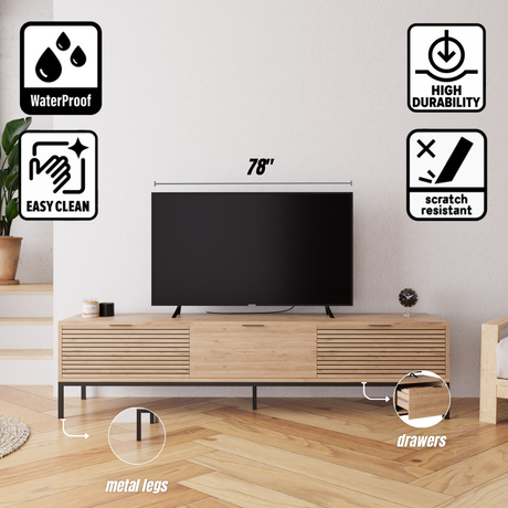 Bimossa E0060 Alya Oak Effect 180 cm TV Stand Modern Wooden TV Unit with 3 Door Storage, Long TV Stand Cabinet for Living Room TVs up to 65"