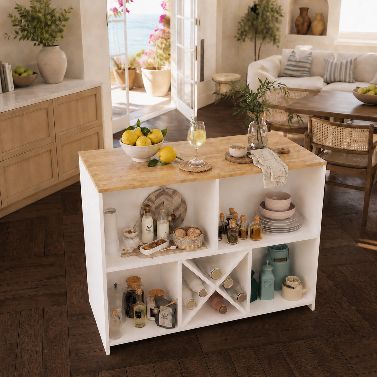 Bimossa L40 Monet Kitchen Island with Storage 127 cm - Island Table with Worktop, Wine Rack, Open Shelves & Cabinet, Modern Kitchen Prep Table/Breakfast Bar Island for Kitchen & Dining