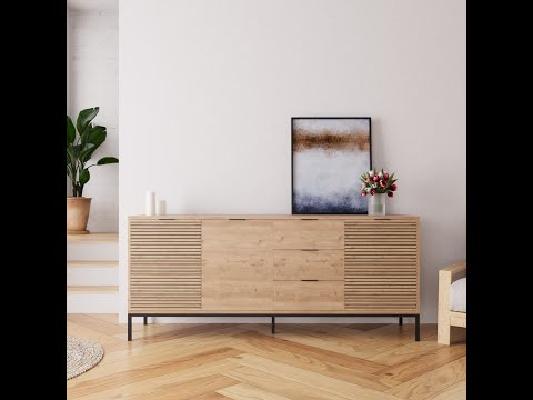 Bimossa H0060 Alya Fluted Sideboard Cabinet 180 cm – Modern Storage Sideboard with 3 Drawers & 3 Doors, Oak Effect Sideboard Cupboard with Black Metal Legs for Living Room, Dining Room or Hallway
