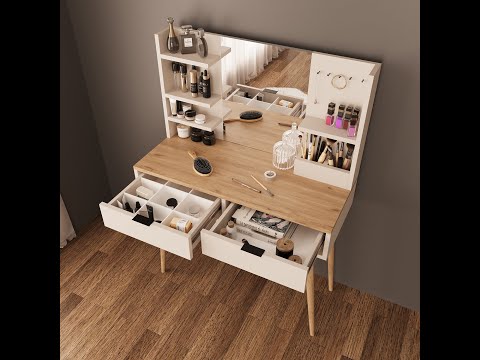 Bimossa A40 Bella Vanity Dressing Table with Mirror and Shelves, 2 Drawer Makeup Vanity Desk with Storage, Modern Vanity Table with Wooden Legs, Compact Dressing Table Set for Bedroom Area