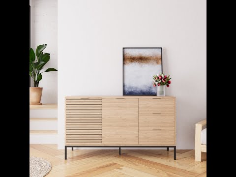 Bimossa H0660 Alya Fluted Sideboard Cabinet 140 cm – Modern Storage Sideboard with 3 Drawers & 2 Doors, Oak Effect Sideboard Cupboard with Black Metal Legs for Living Room, Dining Room or Hallway