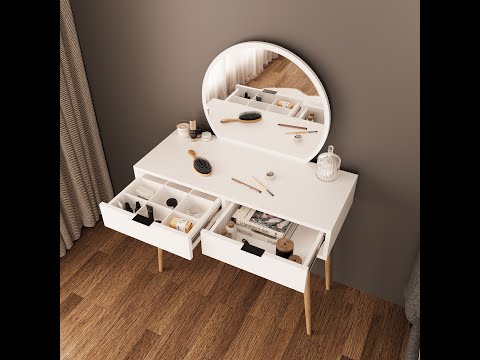 Bimossa A10 Lucy Vanity Dressing Table with Round Fixed Mirror & Stool, Makeup Vanity Desk with 2 Drawers, Modern Wooden Legs Makeup Table for Bedroom, Compact Dressing Table Set for Small Spaces